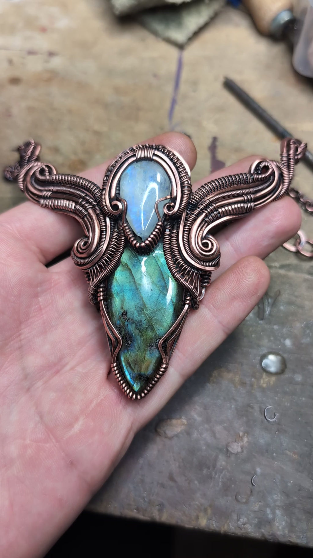 Labradorite and moonstone copper wire wrapped statement necklace