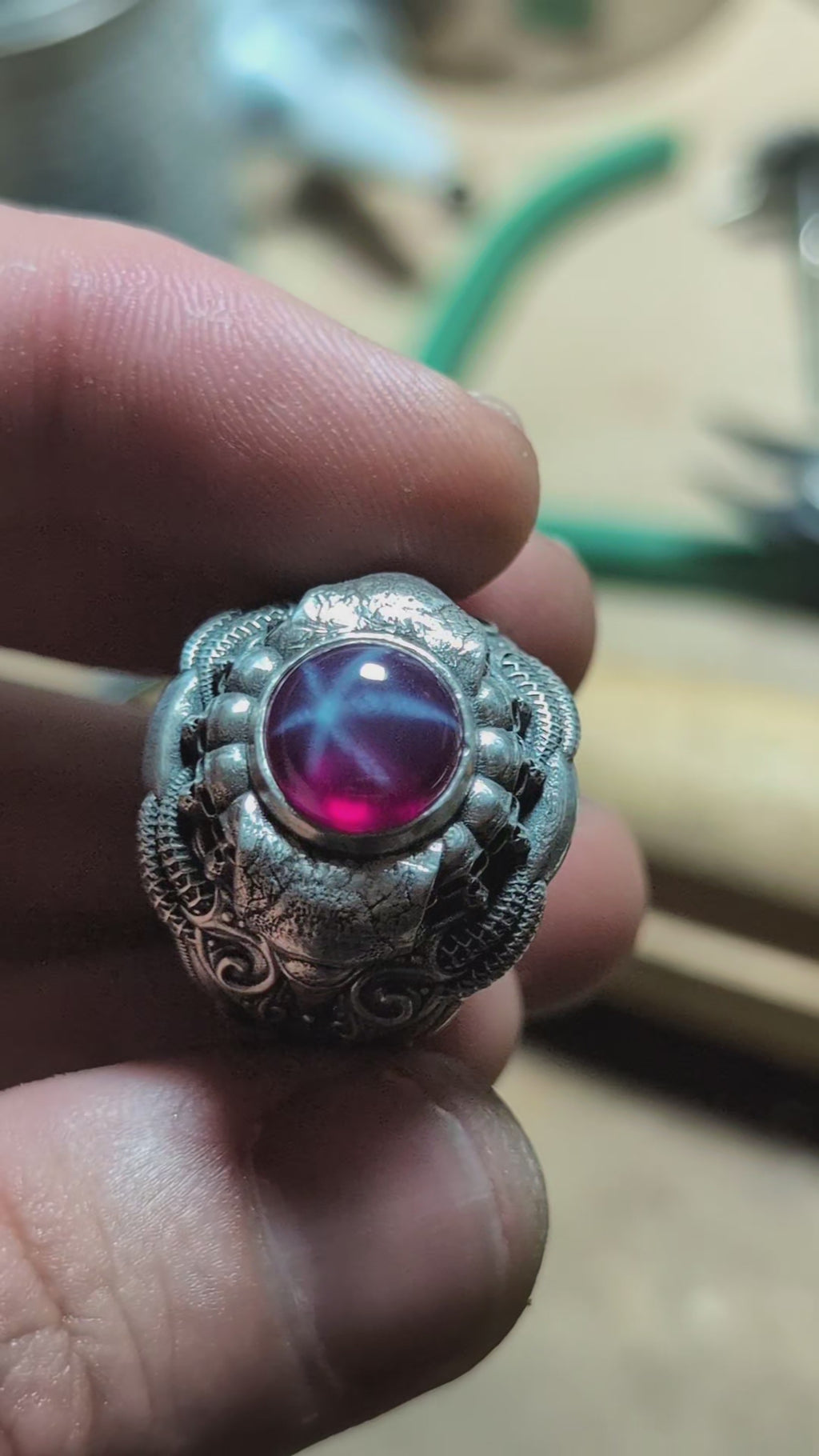 Lab created star ruby sterling silver cultist ring