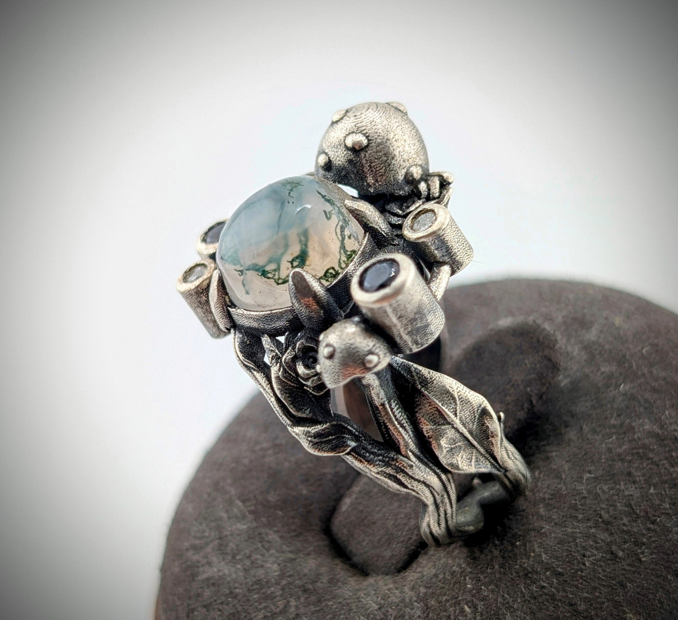 Moss agate botanical sterling silver ring