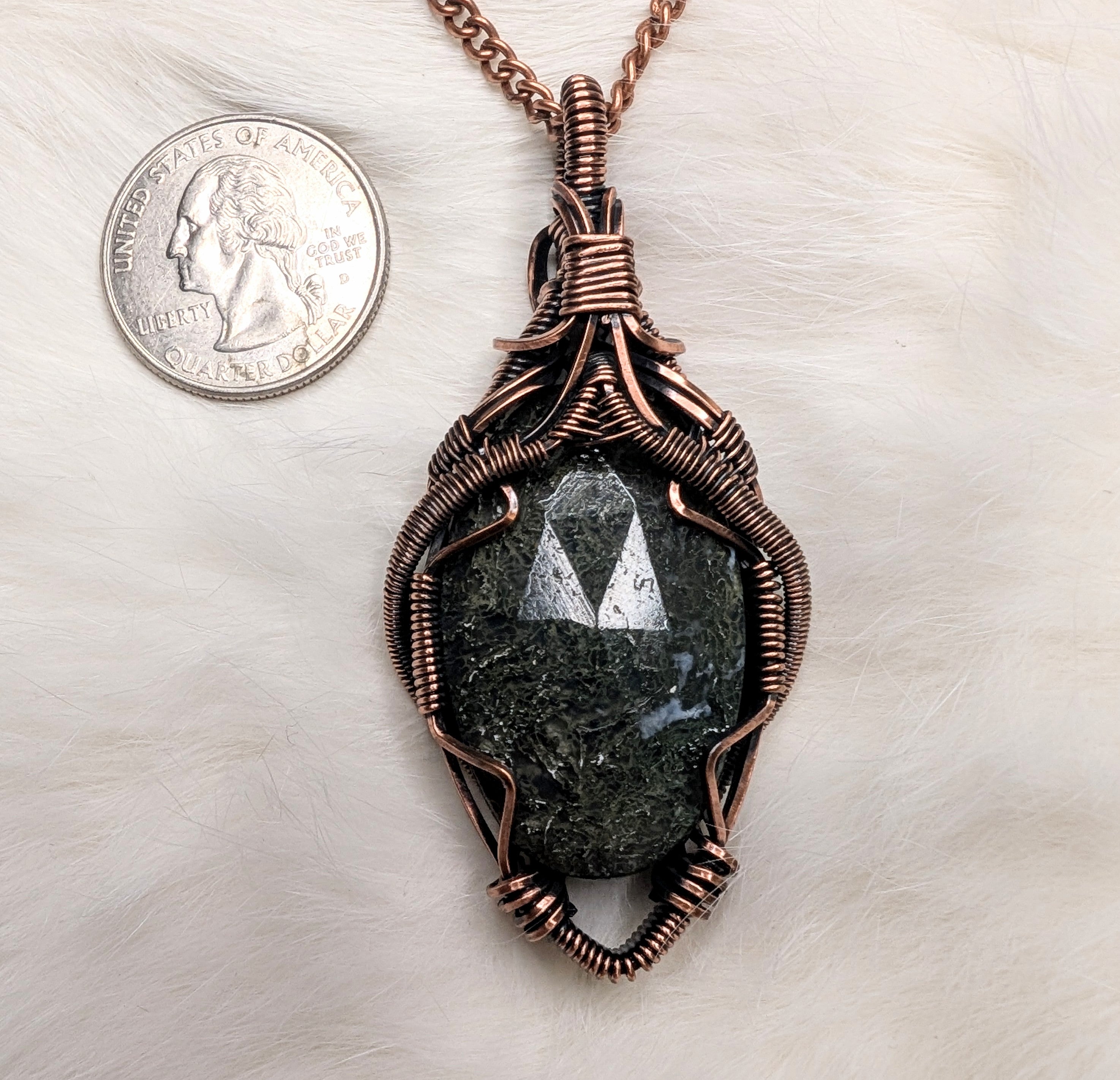 Moss agate copper wire wrap pendant