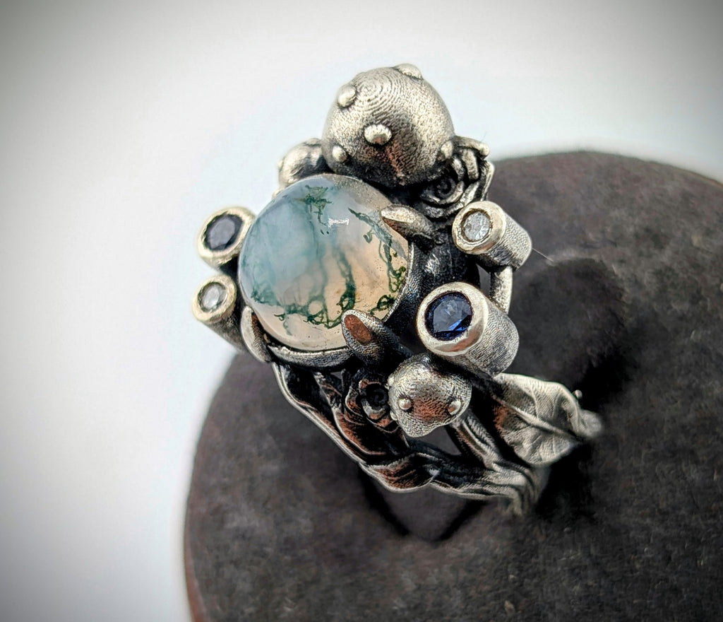 Moss agate botanical sterling silver ring
