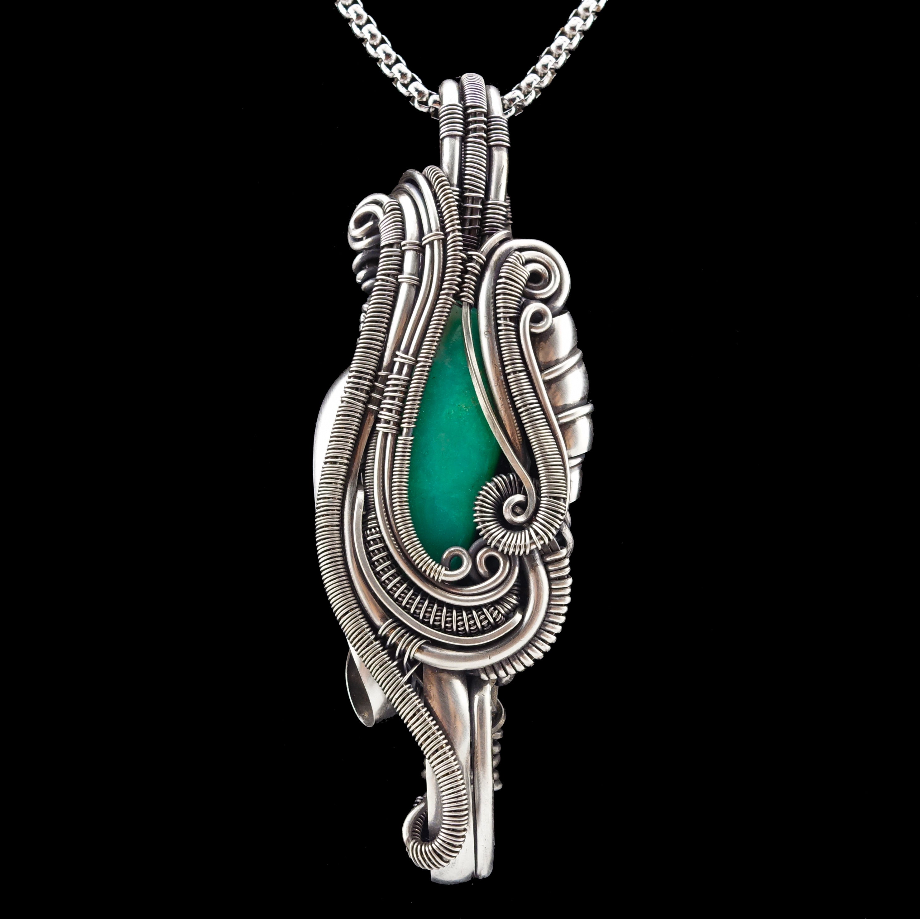 Chrysoprase sterling silver wire wrap pendant