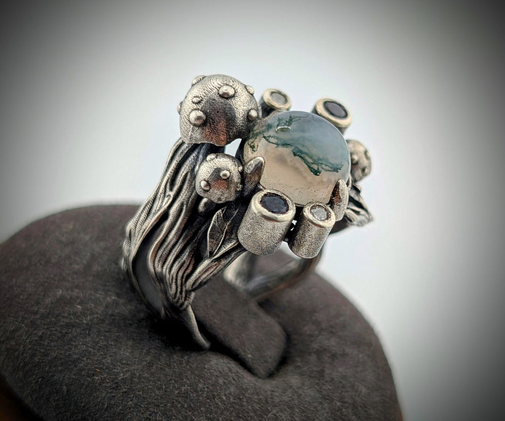 Moss agate botanical sterling silver ring