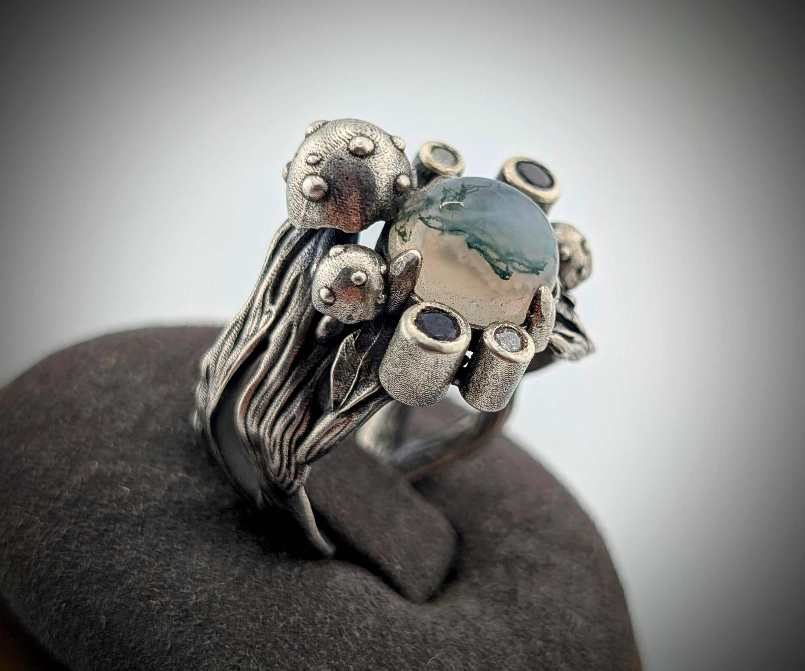 Moss agate botanical sterling silver ring