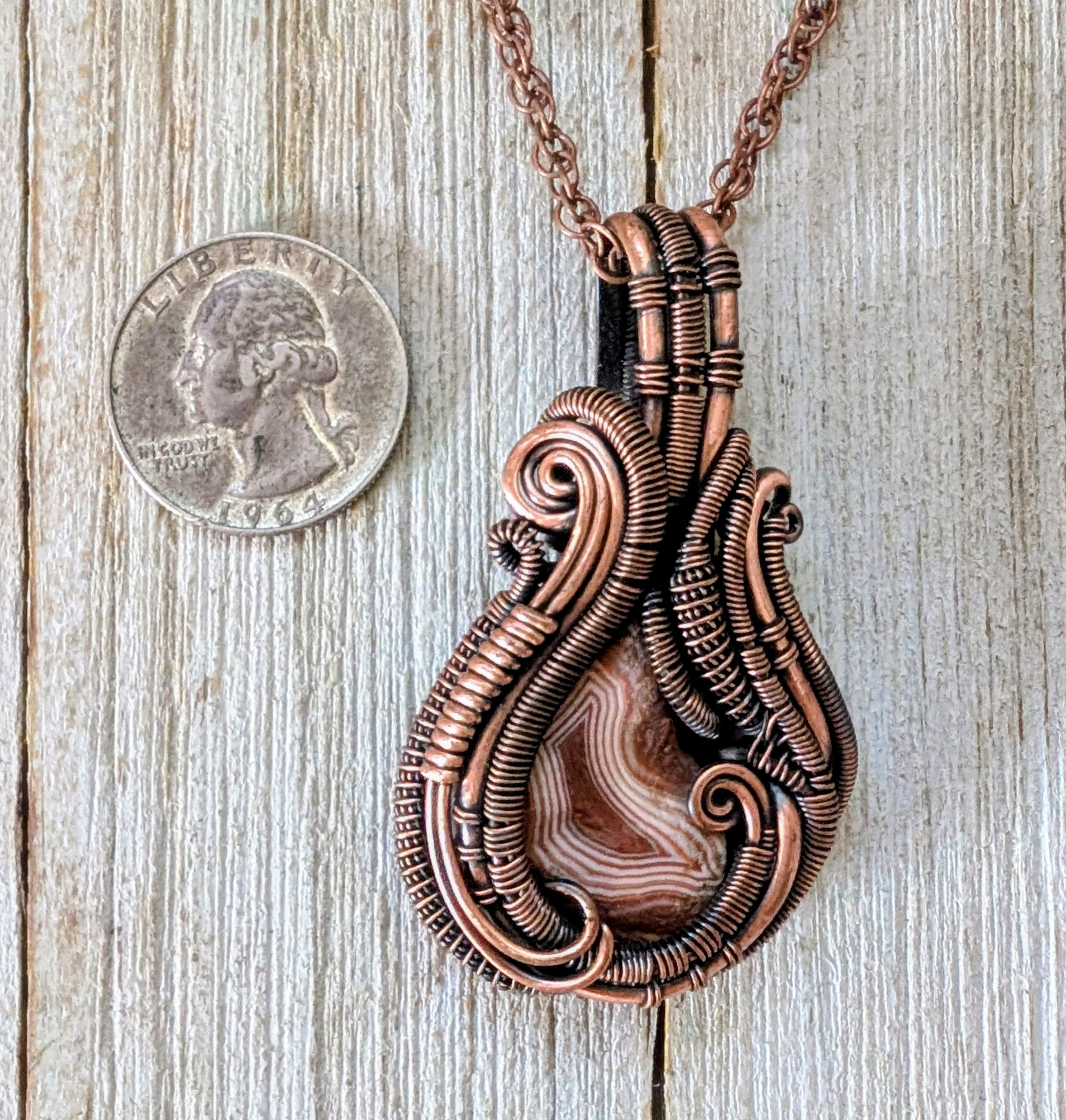 Lake Superior agate copper wire wrap pendant