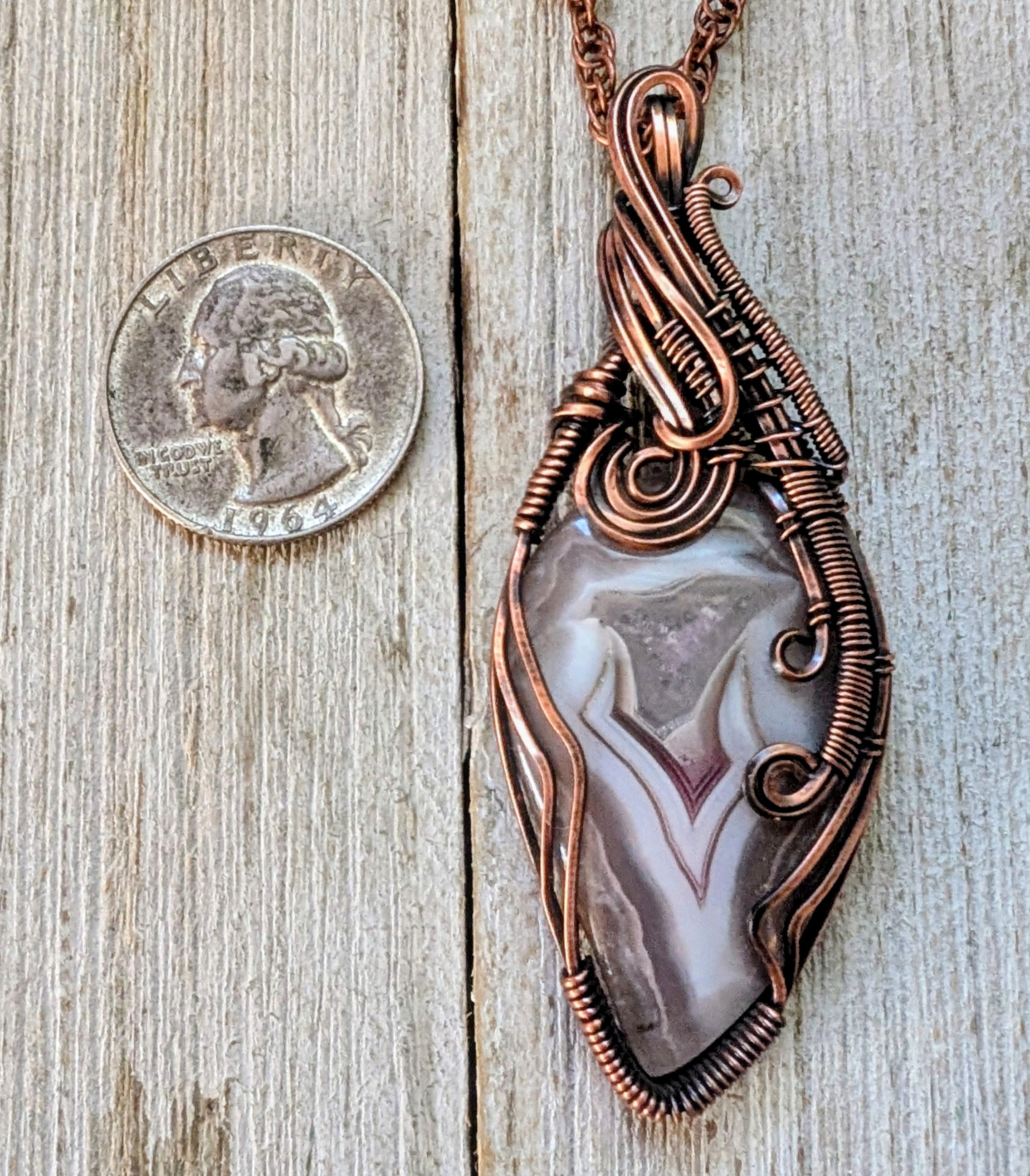 Coyamito agate copper wire wrap pendant