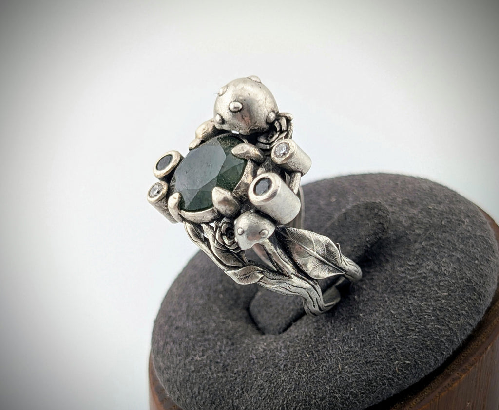Moss agate botanical sterling silver ring