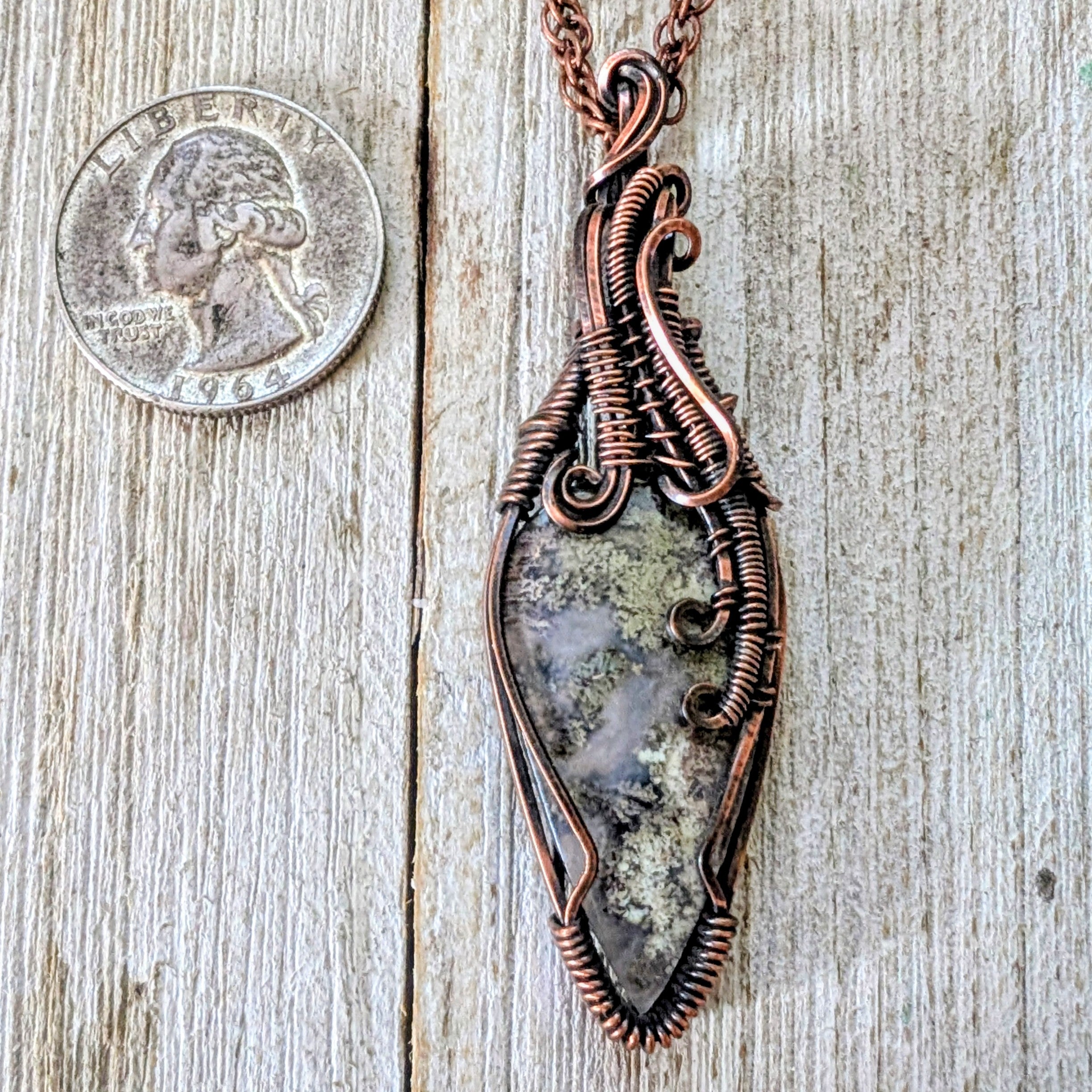 Scenic moss agate copper wire wrap pendant