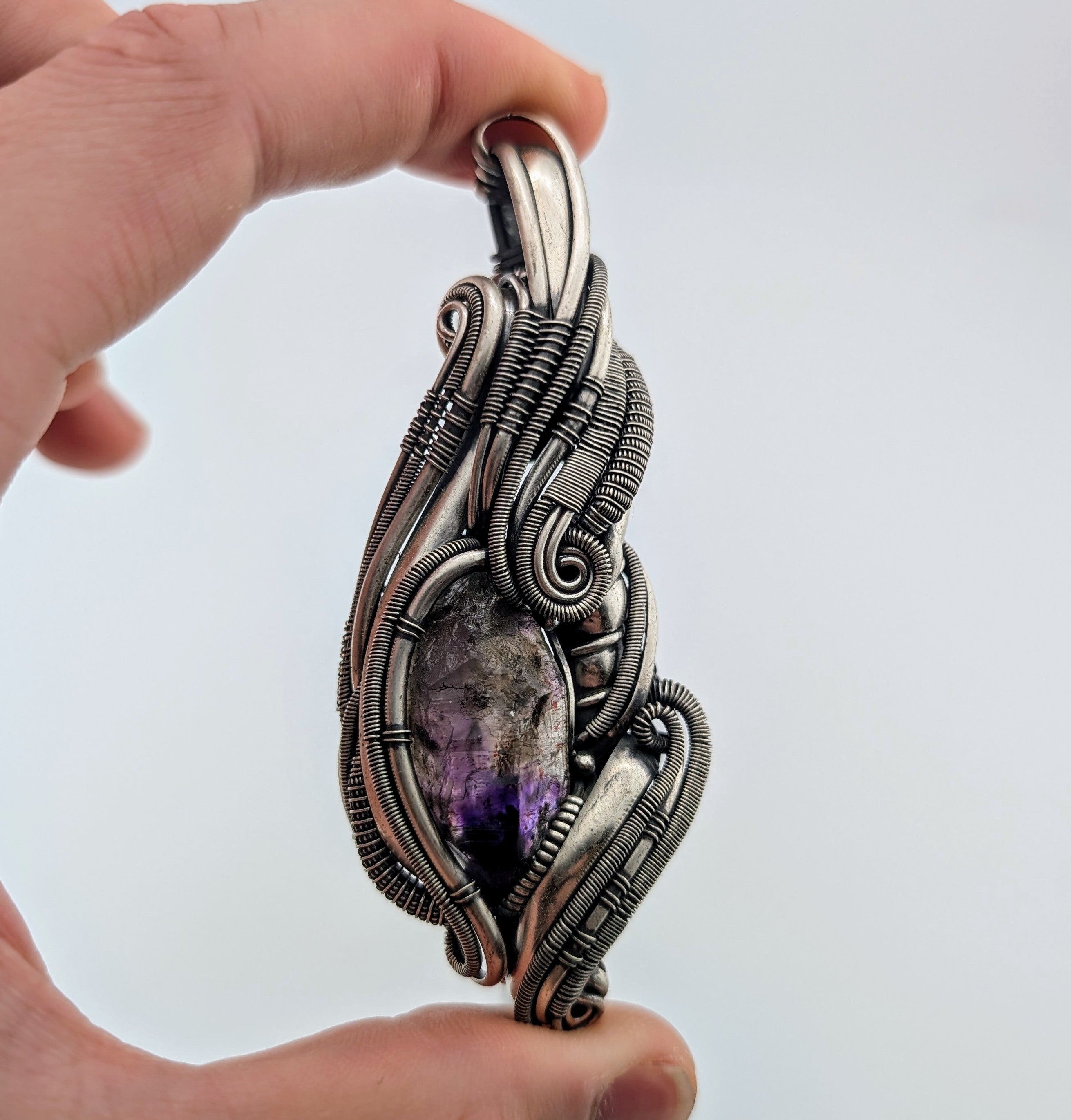 Shangan amethyst sterling silver wire wrap pendant
