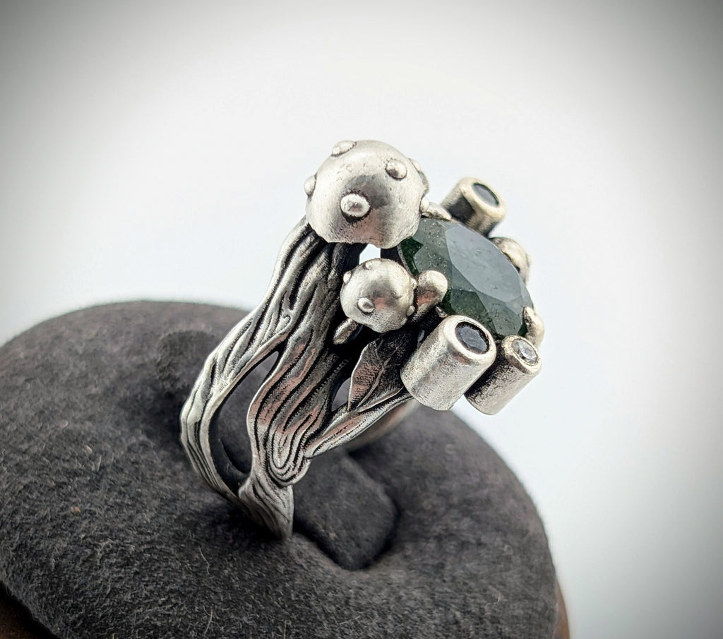 Moss agate botanical sterling silver ring