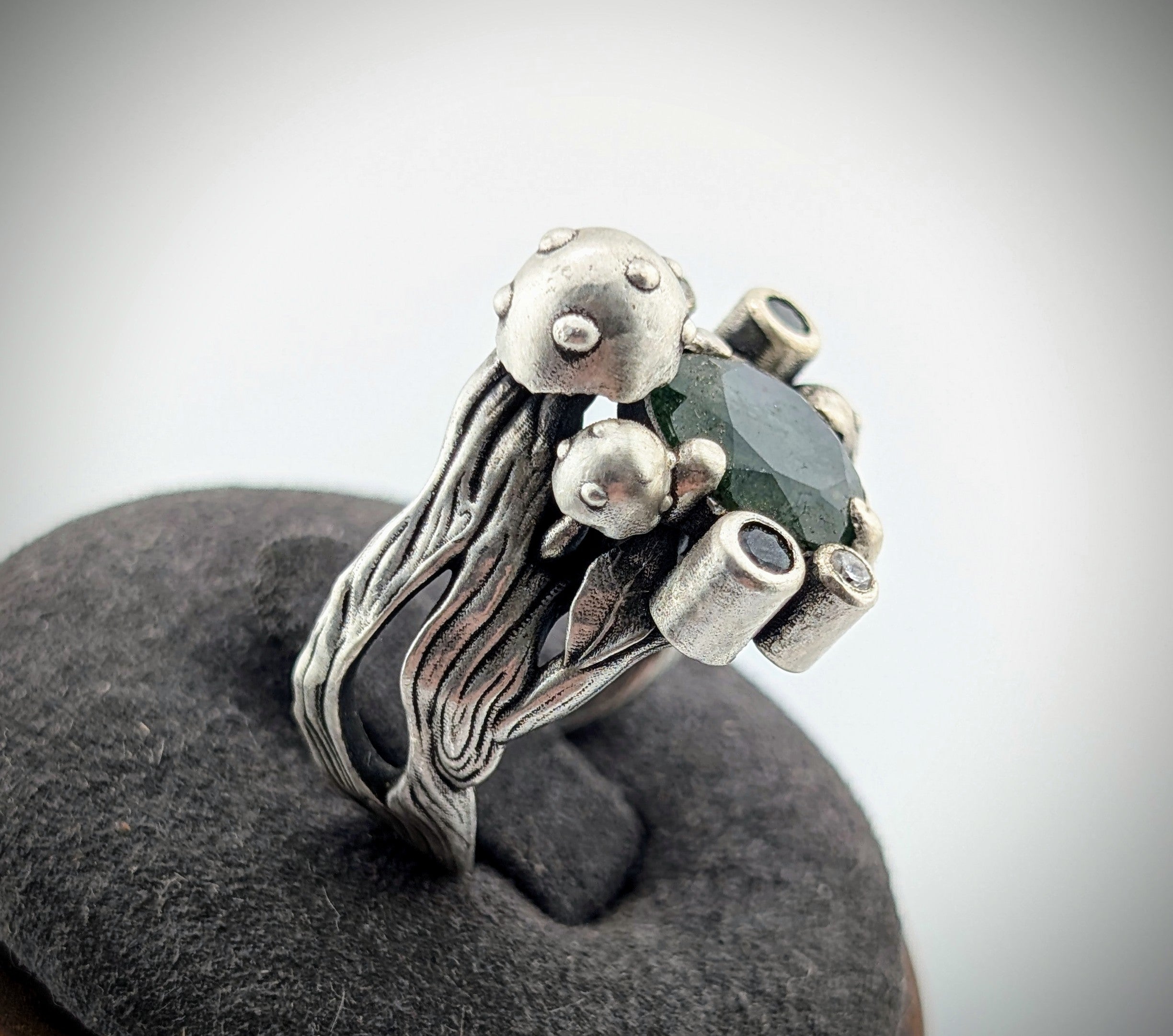 Moss agate botanical sterling silver ring
