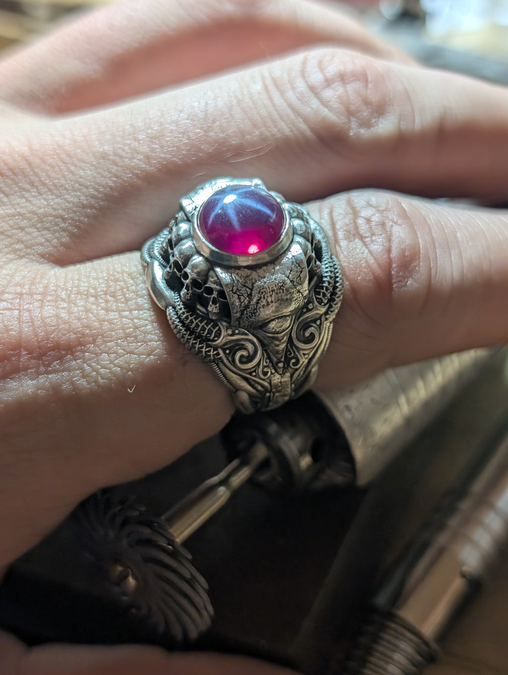 Lab created star ruby sterling silver cultist ring