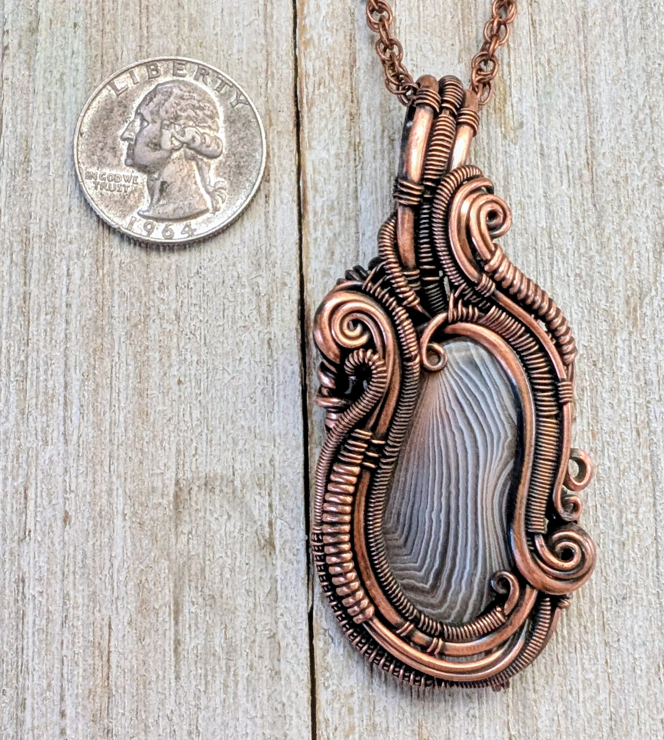 Lake Superior agate copper wire wrapped pendant.