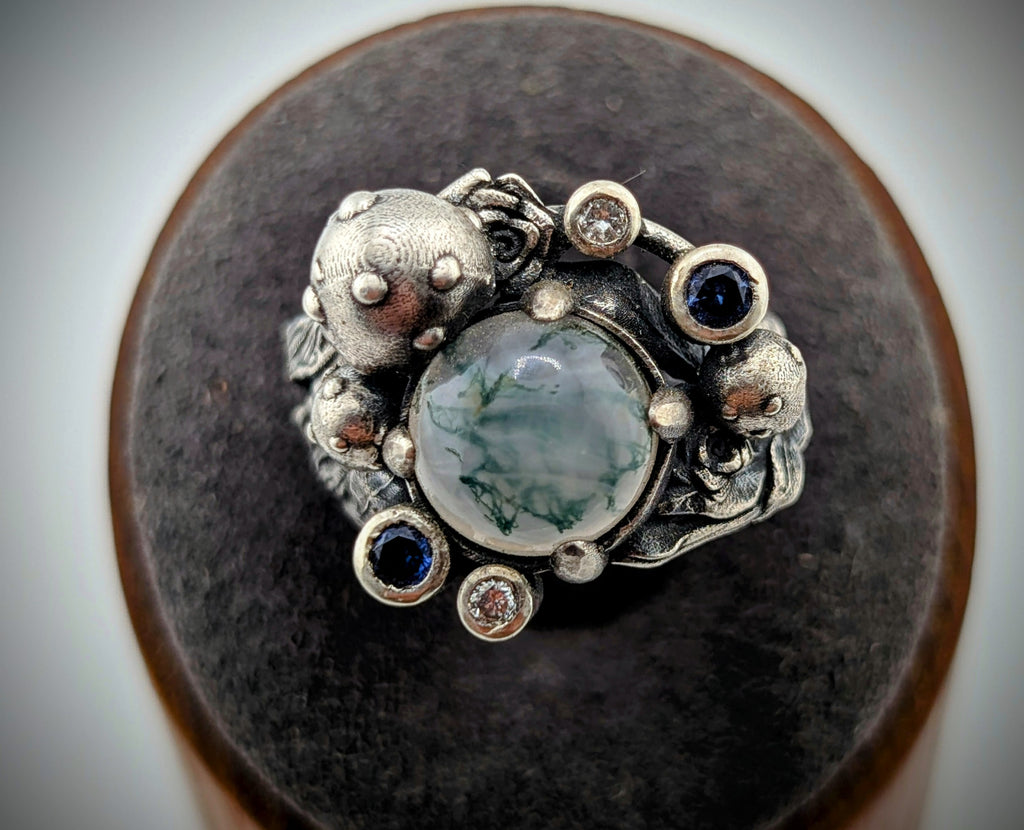 Moss agate botanical sterling silver ring