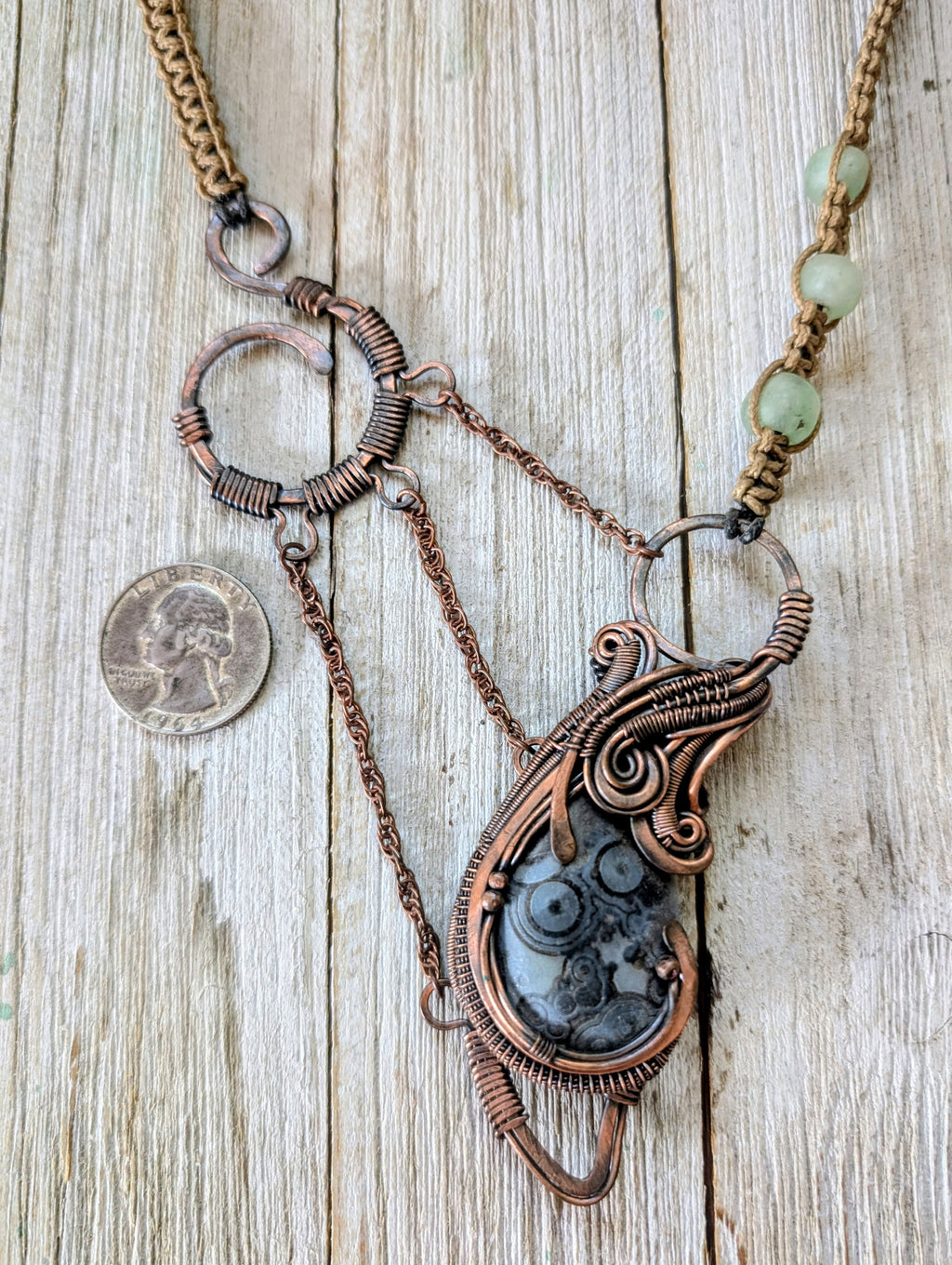 Eye agate copper wire wrapped statement necklace