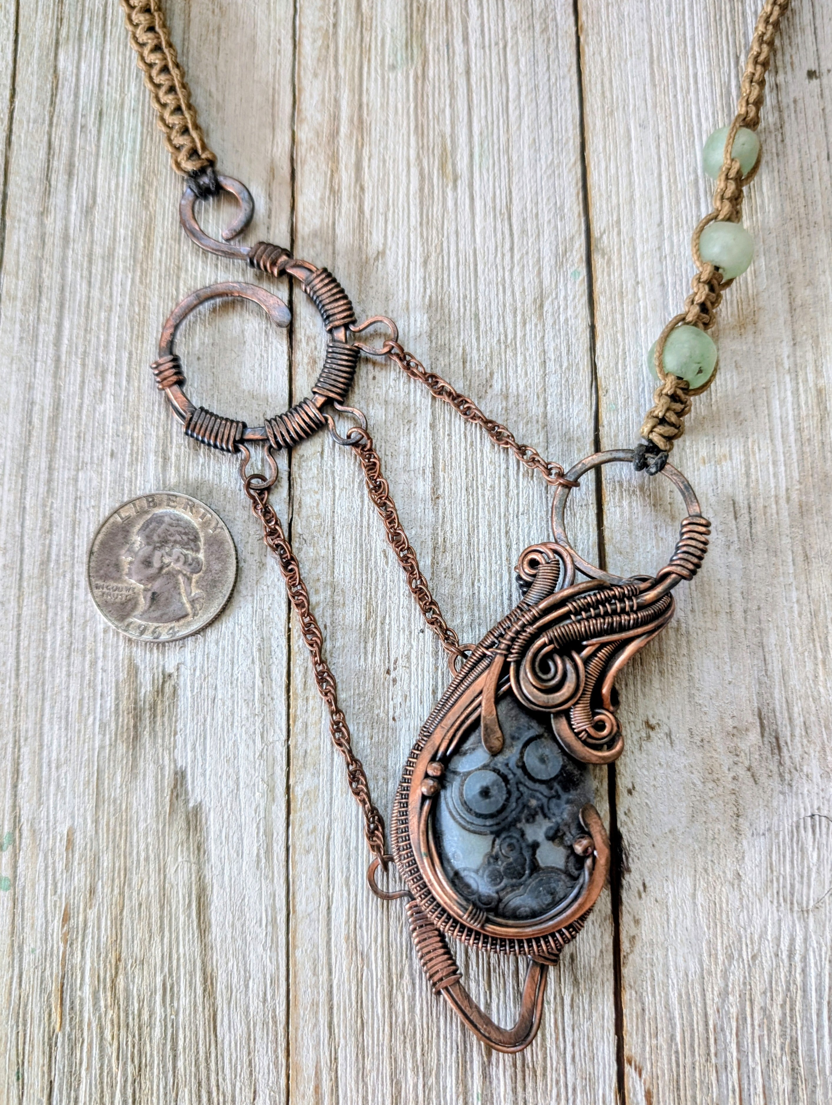 Eye agate copper wire wrapped statement necklace