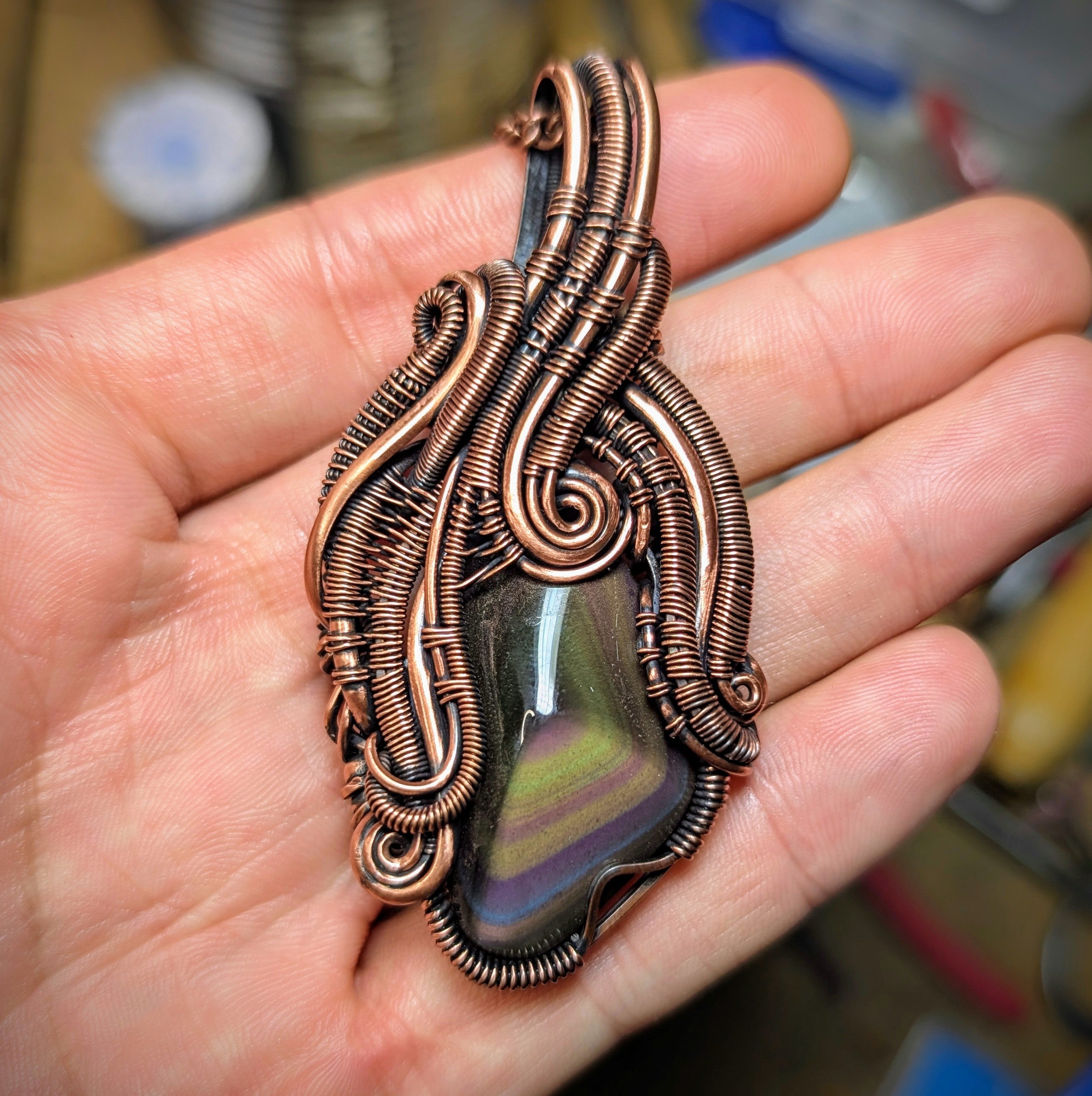 Rainbow obsidian copper wire wrap pendant