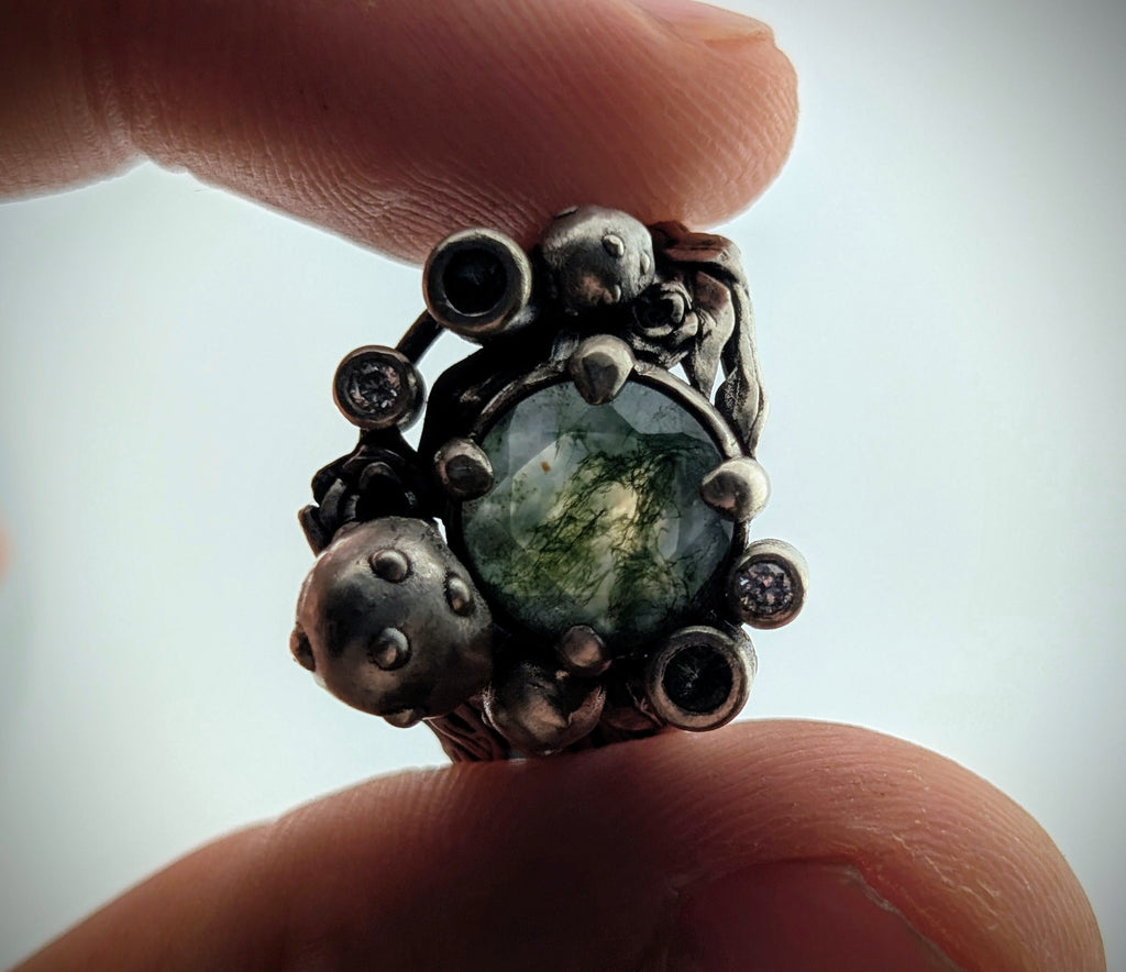 Moss agate botanical sterling silver ring