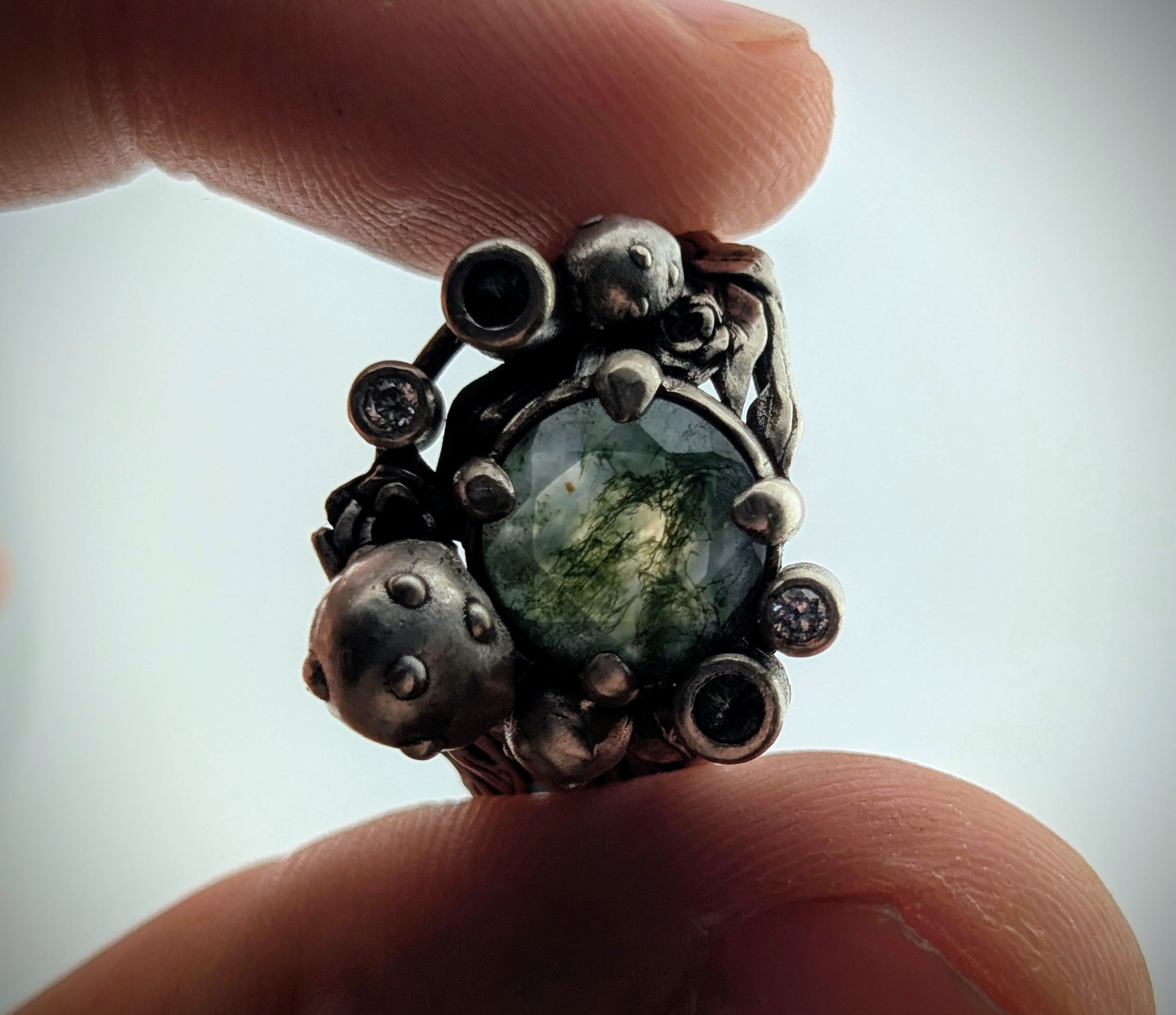 Moss agate botanical sterling silver ring