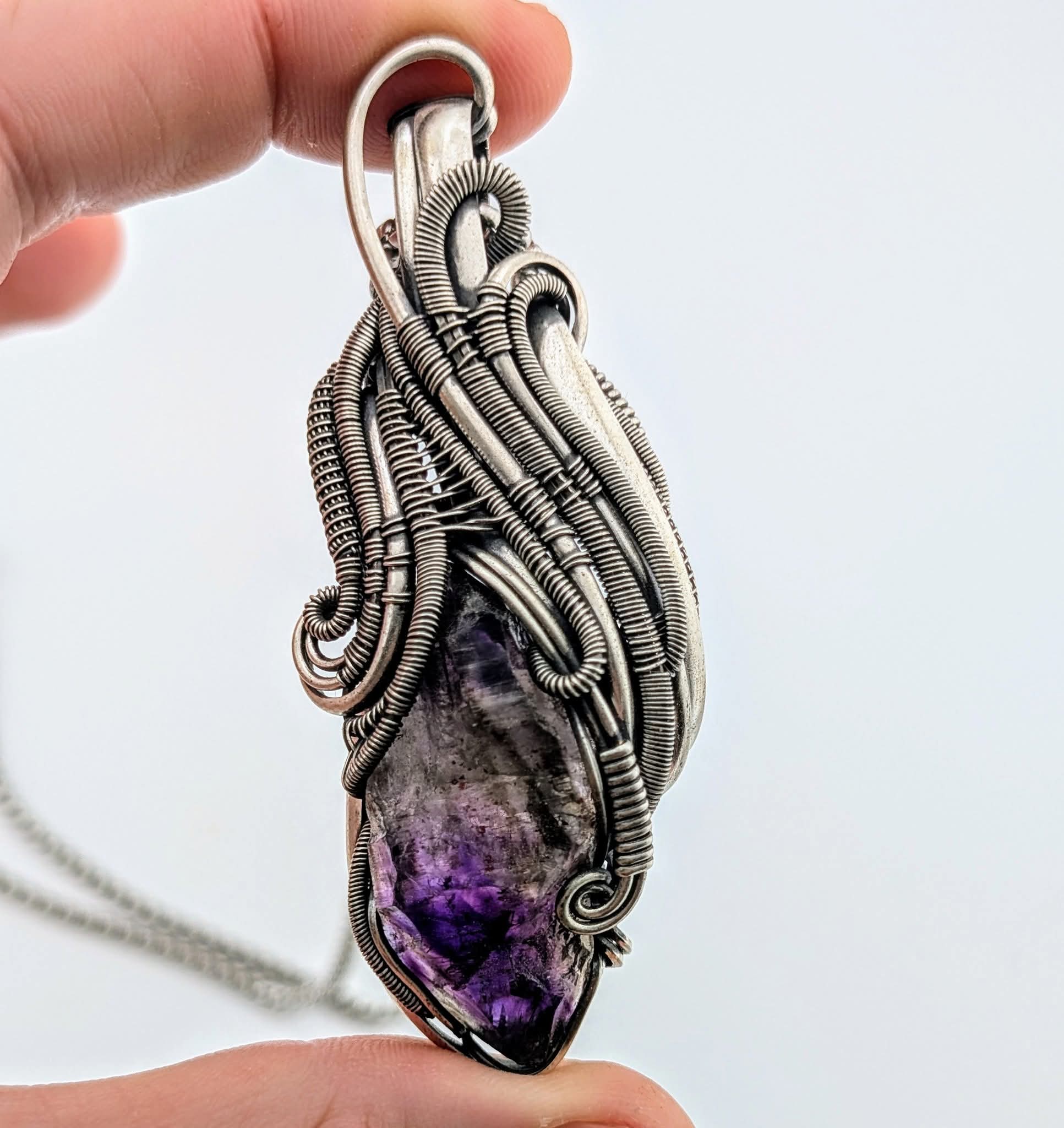 Shangan amethyst sterling silver wire wrap pendant