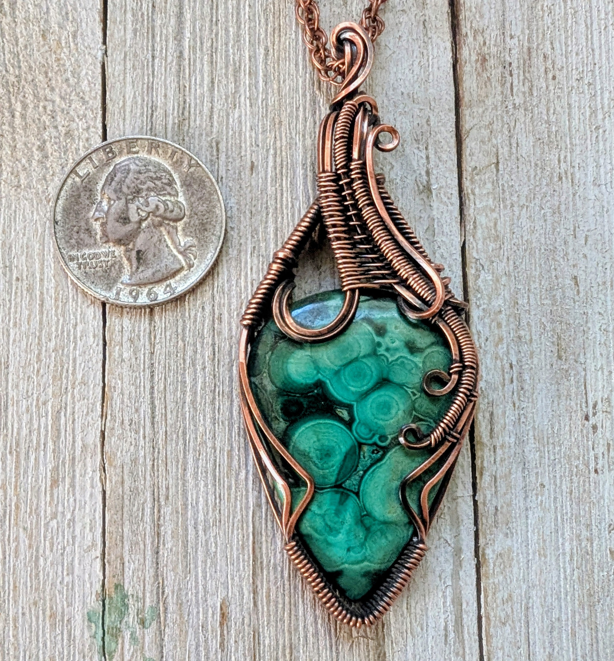 Malachite copper wire wrapped pendant