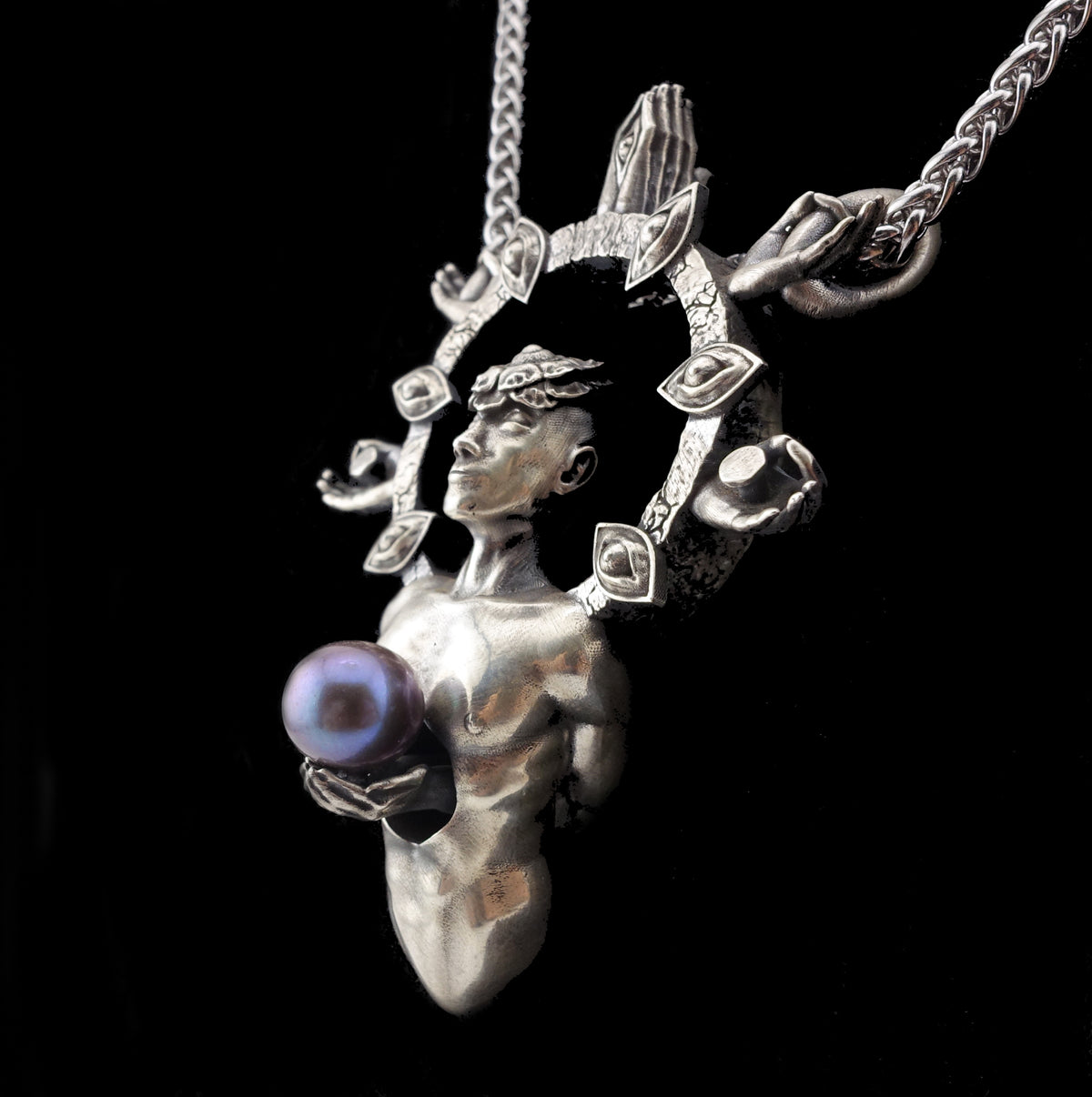 Mystic relic sterling silver and black pearl pendant