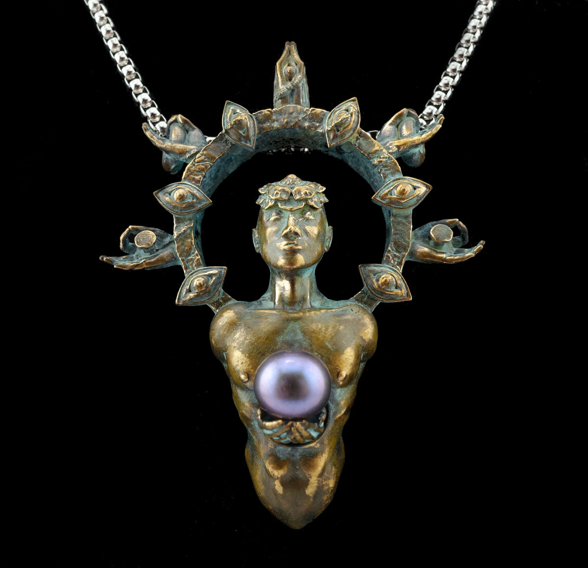 Mystic relic bronze and black pearl pendant