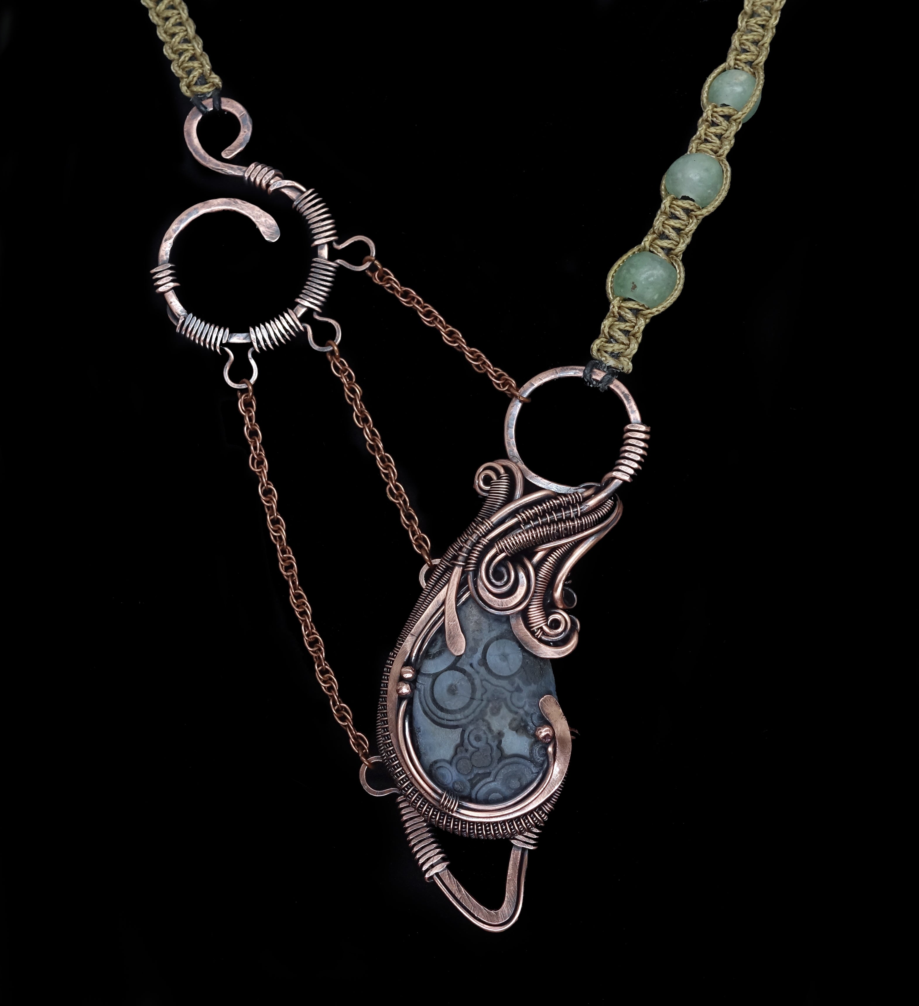 Eye agate copper wire wrapped statement necklace
