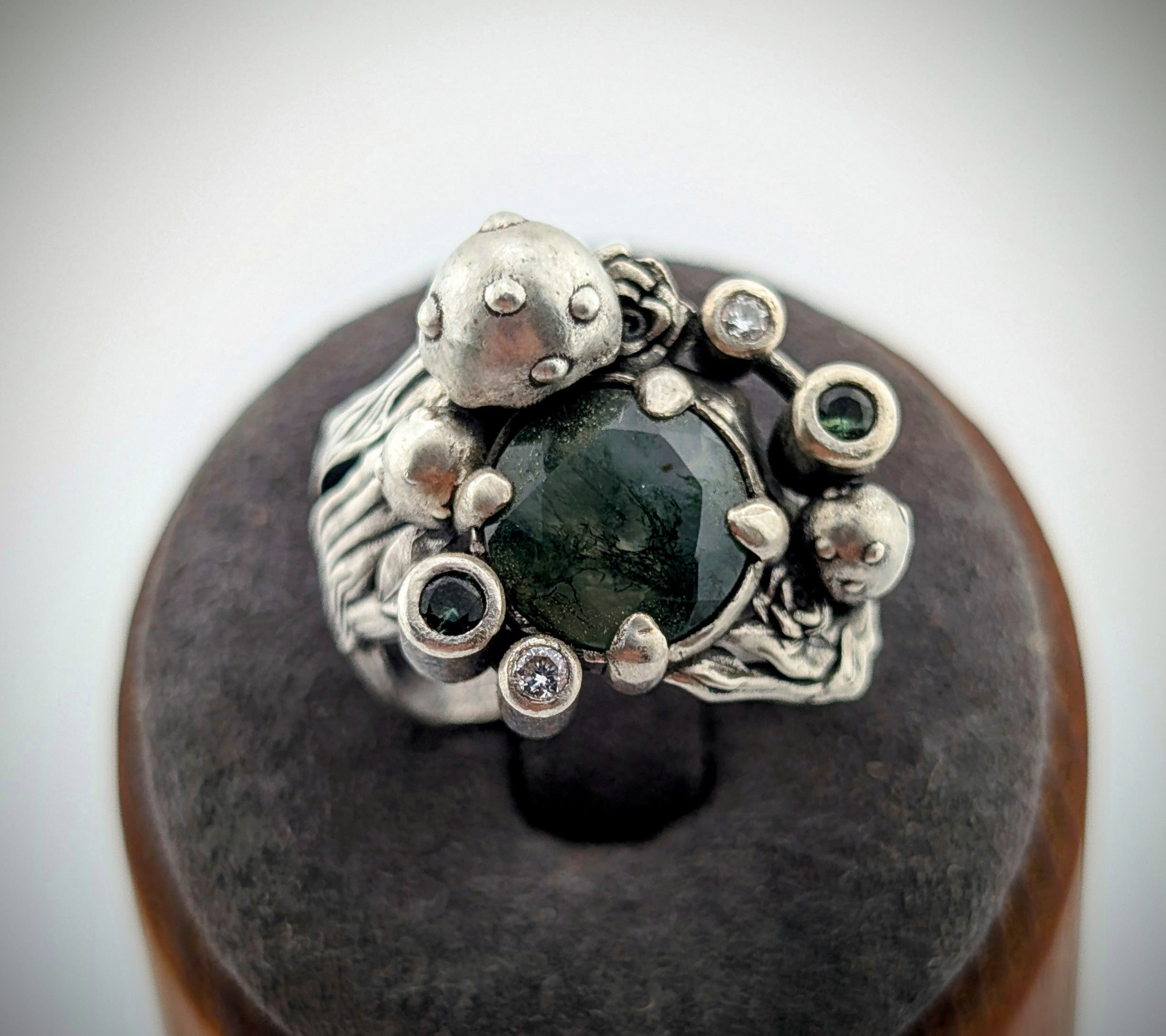 Moss agate botanical sterling silver ring