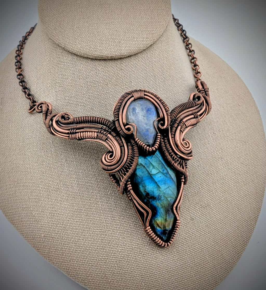 Labradorite and moonstone copper wire wrapped statement necklace