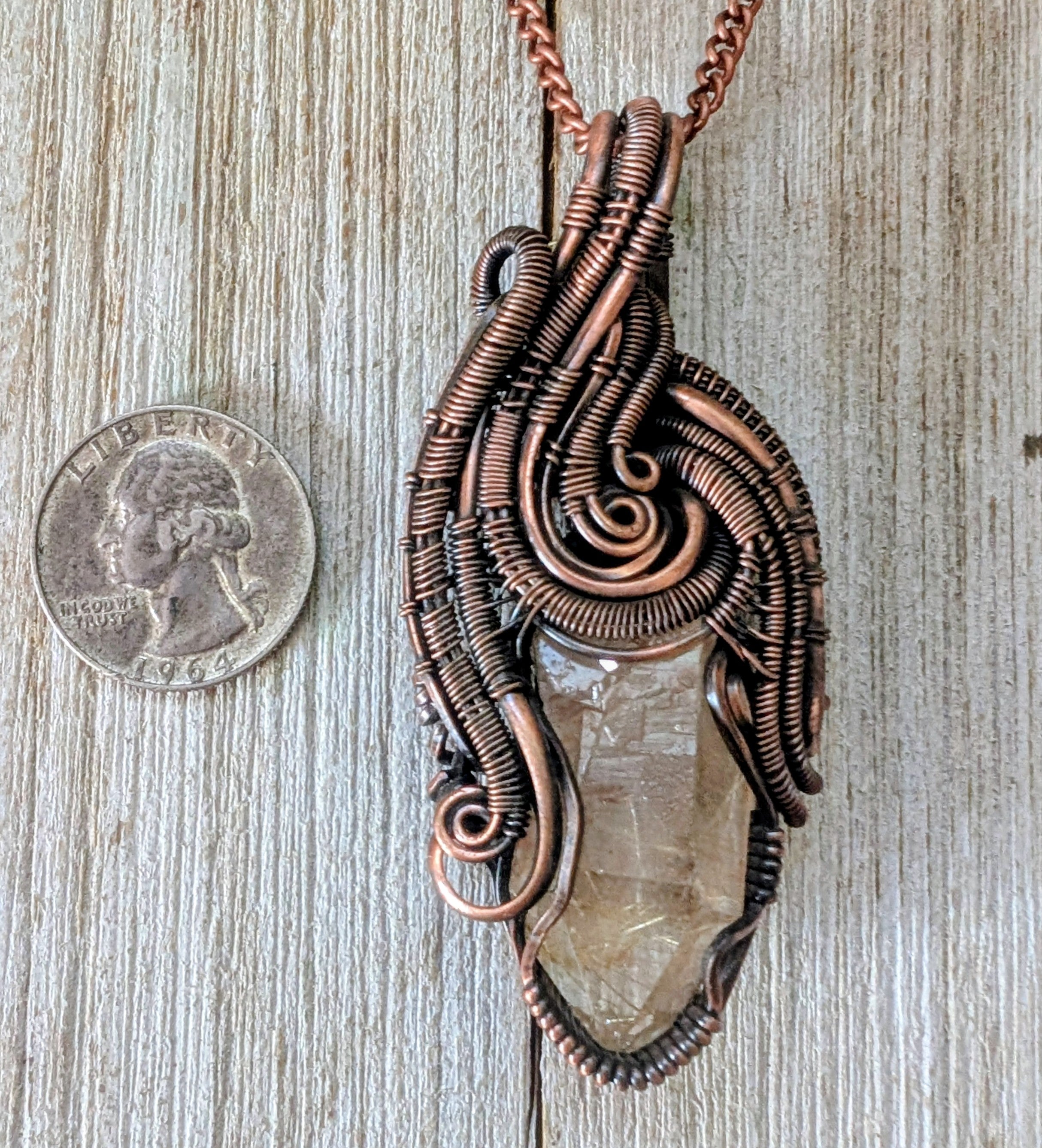 Rutilated quartz crystal copper wire wrap pendant